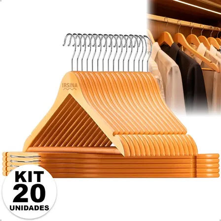 Kit Cabide Madeira Mafim Antiderrapante para Roupa Adulto Reforçado Irsina