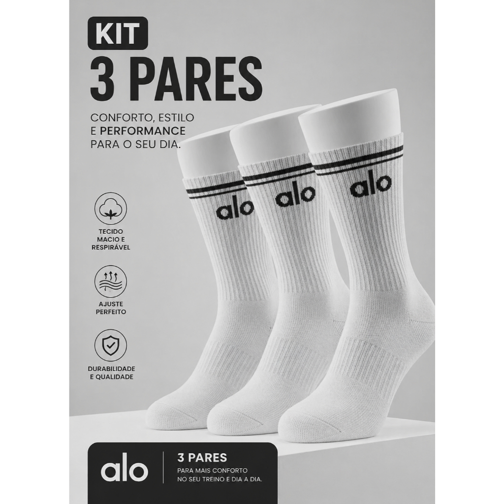 Meia Academia Kit 3 Pares Cano Longo Premium Algodão Para Treino e Dia a Dia
