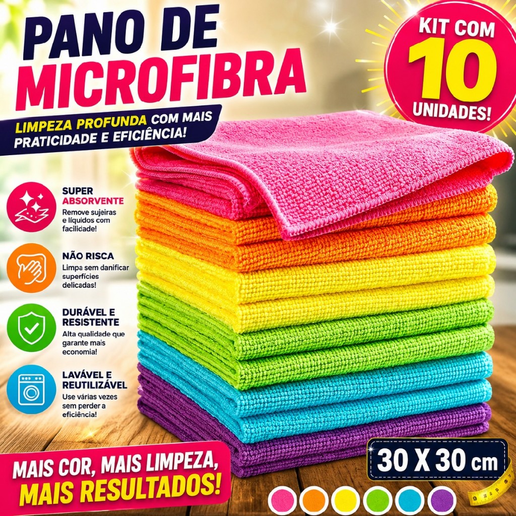 Pano de Microfibra Limpeza Alta Absorção Multiuso 30X30 Para Casa Carros Pia