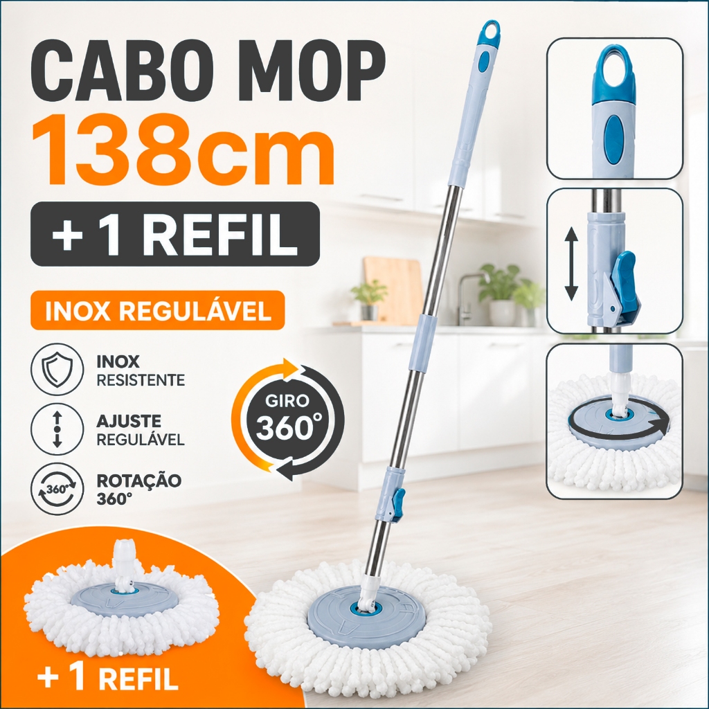 Cabo para Mop Giratório 138cm com 1 Refil | Inox Regulável, Fácil Montagem e Giro 360°