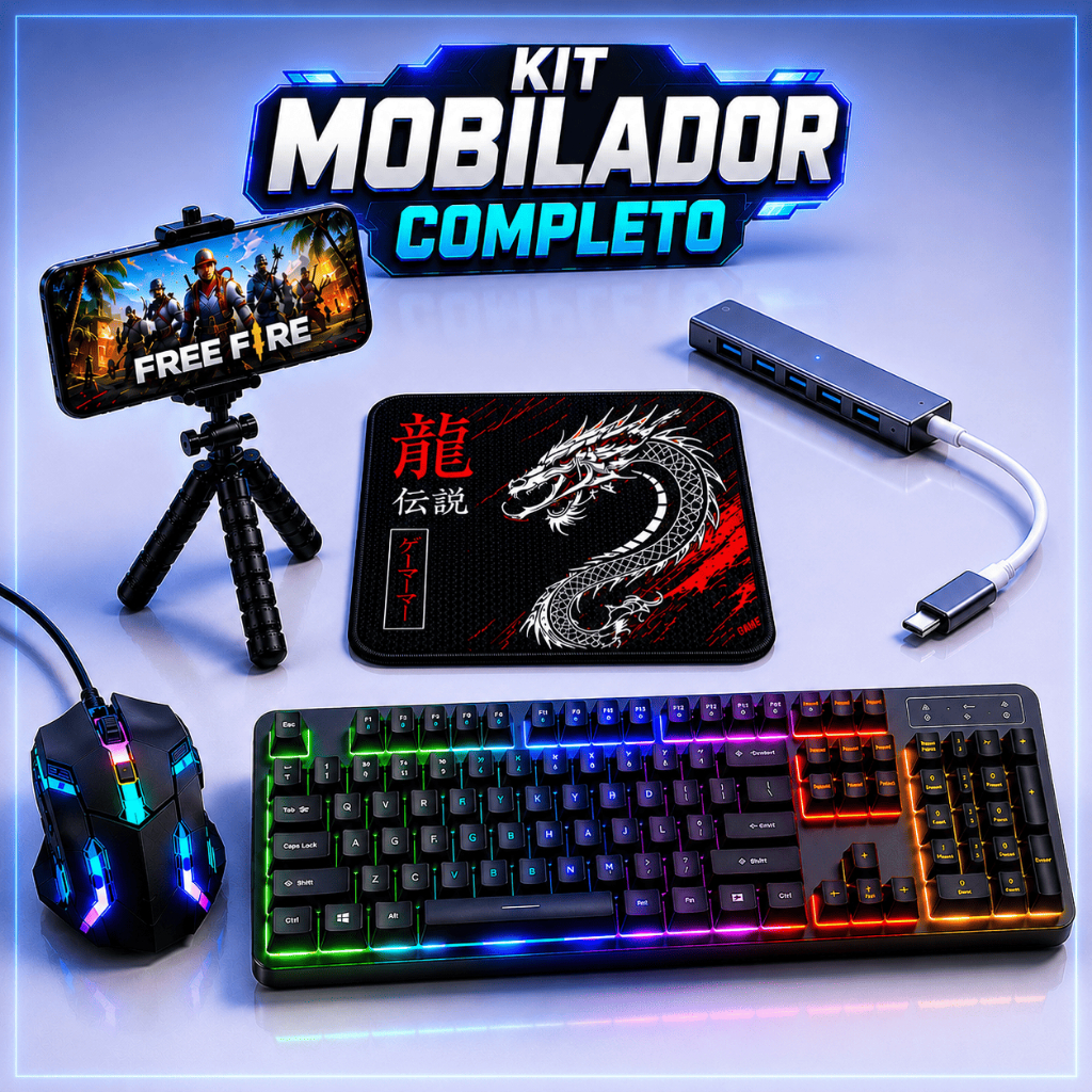 Kit Gamer Celular Mobilador Completo Teclado RGB Mouse Gamer Hub Usb C Mouse Pad Free Fire Android