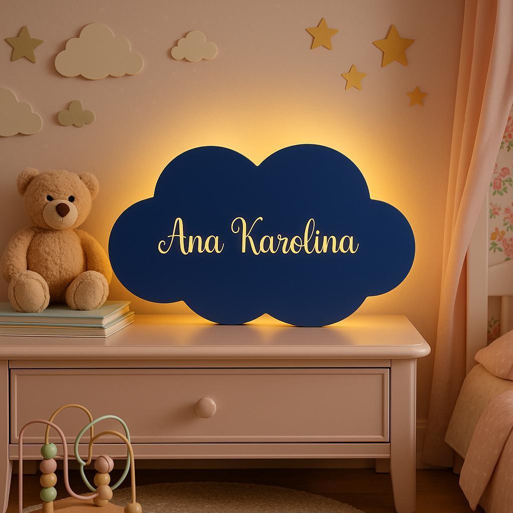 Placa Luminosa Nuvem com Nome Personalizado 50cm com LED Luminária Infantil Abajur Quarto de Bebê