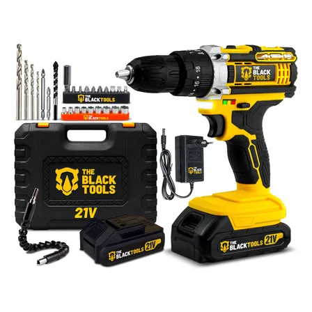 Furadeira Parafusadeira De Impacto 21v Com 2 Baterias Velocidade Ajustável 3/8 10mm Maleta E Acessorios Profissional The Black Tools
