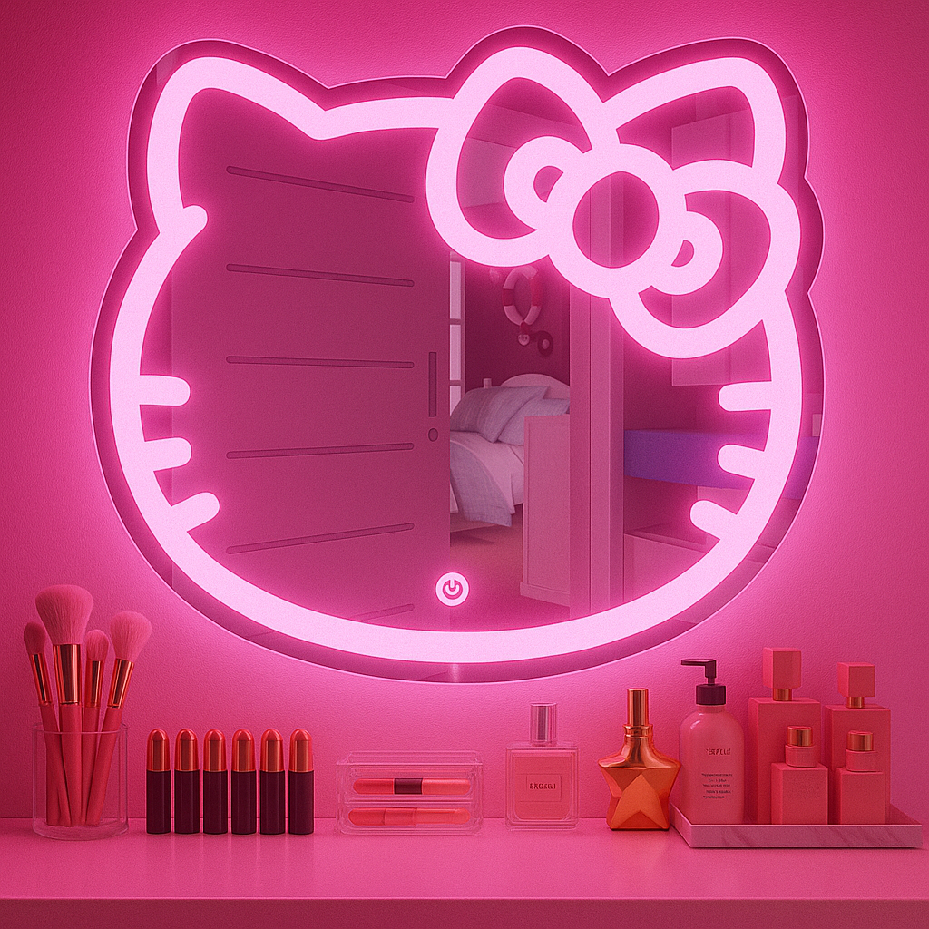 Espelho Infantil de Penteadeira Gatinha Com Led Três Cores e Botão Touch 70x65 cm