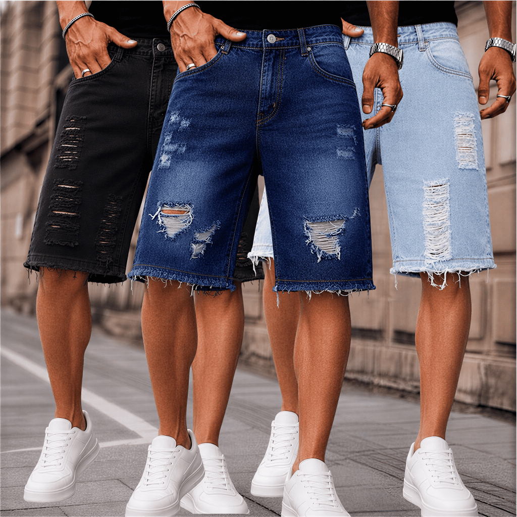 Kit 2 OU 3 Bermuda Jeans Masculina Rasgada Destroyed Moda Jogador Verão Premium Confortável Alta Qualidade Casual