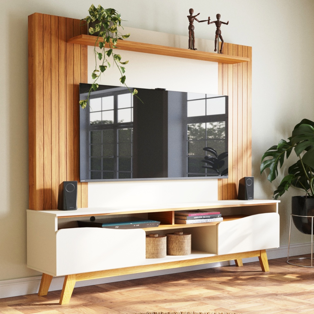 Estante Home De Tv 75 Lara Babus Moderno Com 2 Portas Cor Cinamomo / Cinza Claro Off White