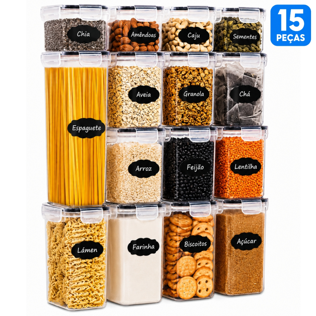 Kit 15 Potes Herméticos Organizadores de Mantimentos Plástico com Etiquetas Cozinha Despensa Empilhável