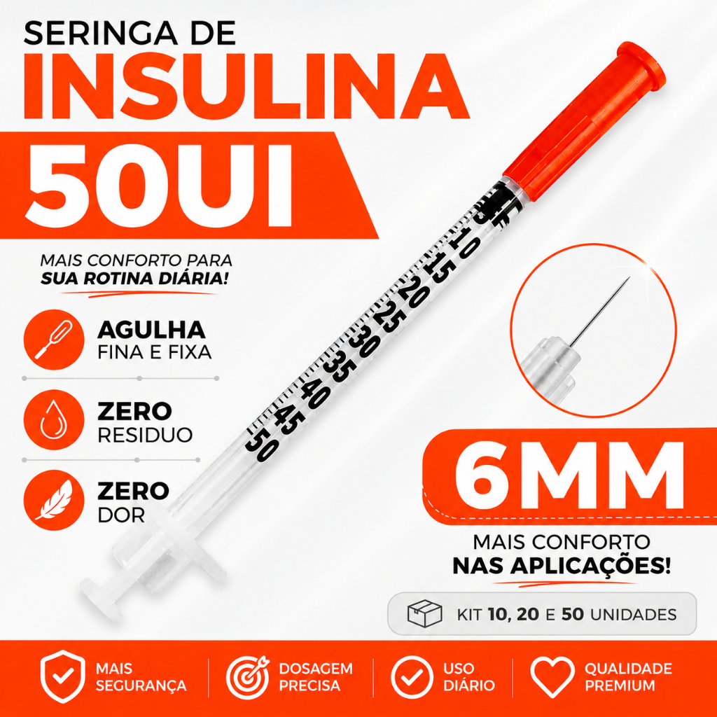 Seringa 50 UI Insulina Fina e Fiza Zero Residuo 6MMx0,25 Kit 5/10 E 20 UNIDADES