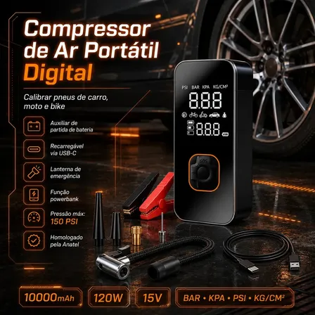 Auxiliar de Partida de Bateria Veicular Portátil Com Compressor de Ar Para Carro e Moto