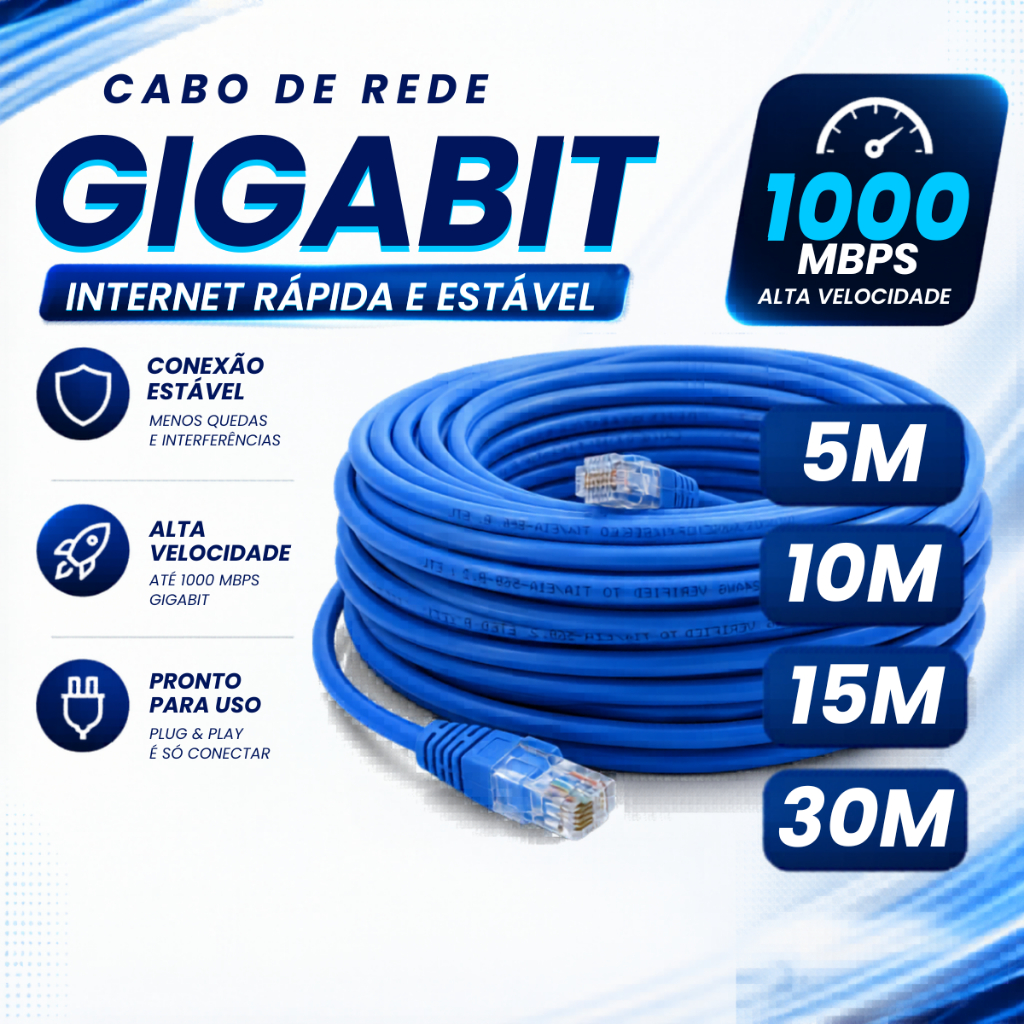 Cabo de Rede Blindado RJ45 Ethernet Gigabit p/ CFTV e Internet 5m,10m,15m,30m Pronto para Uso