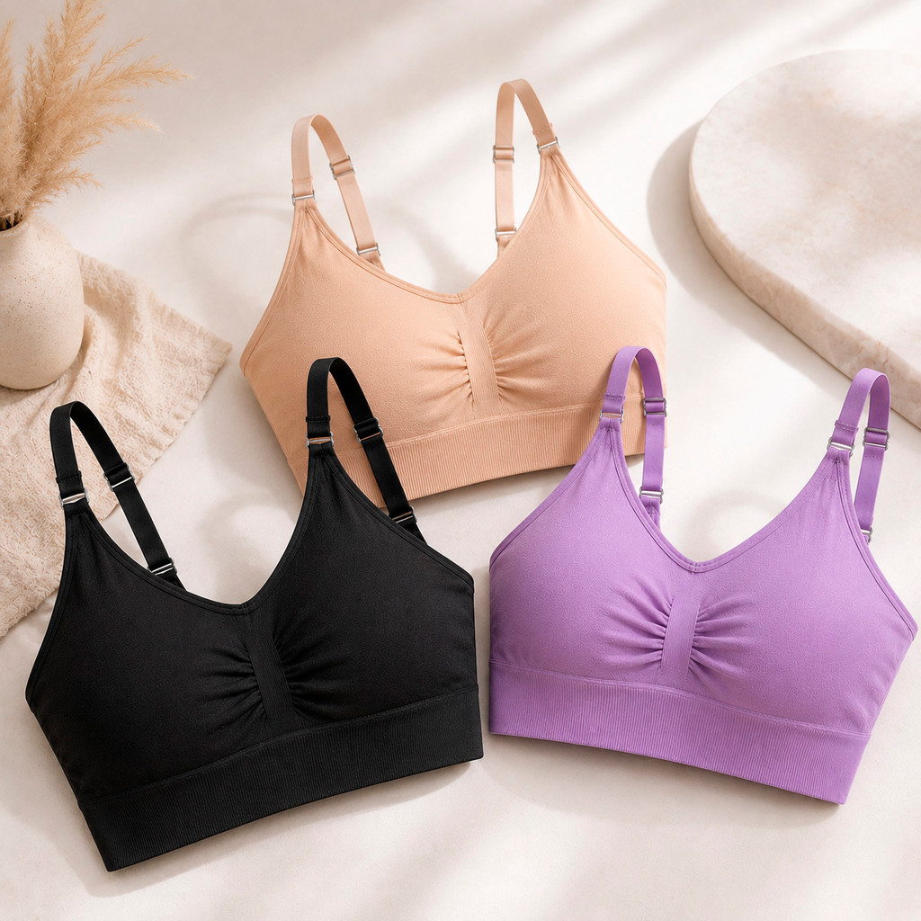 Kit com 3 Tops Sutiã Feminino Sem Costura Alça Fina Canelado com Bojo Removível