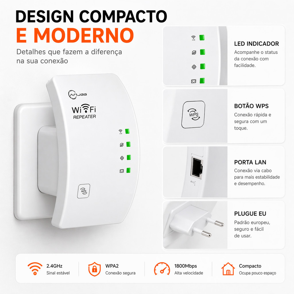 Repetidor Amplificador de Sinal WiFi 600Mbps Ultra Rápido com Forte Cobertura