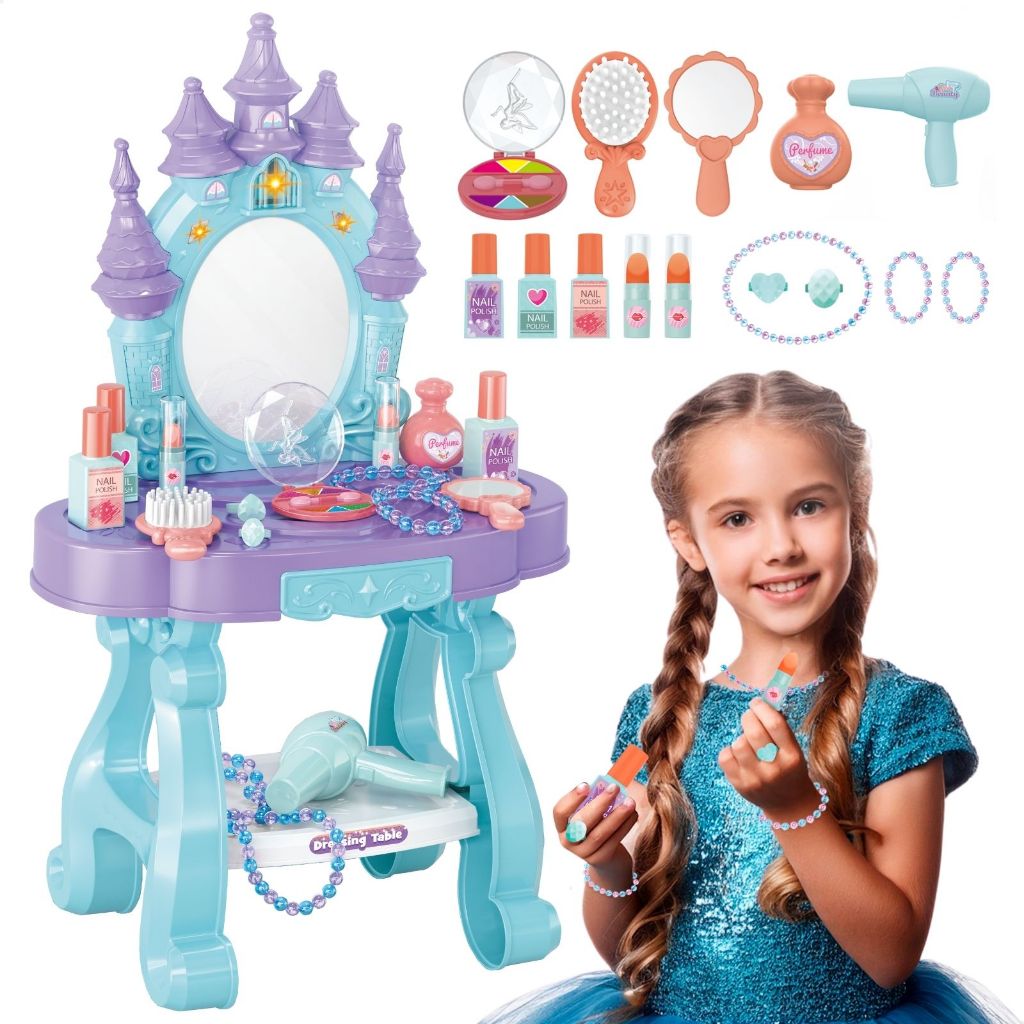 Penteadeira Infantil Castelo Emite Luz e Som Princesa com 15 Acessórios de Beleza