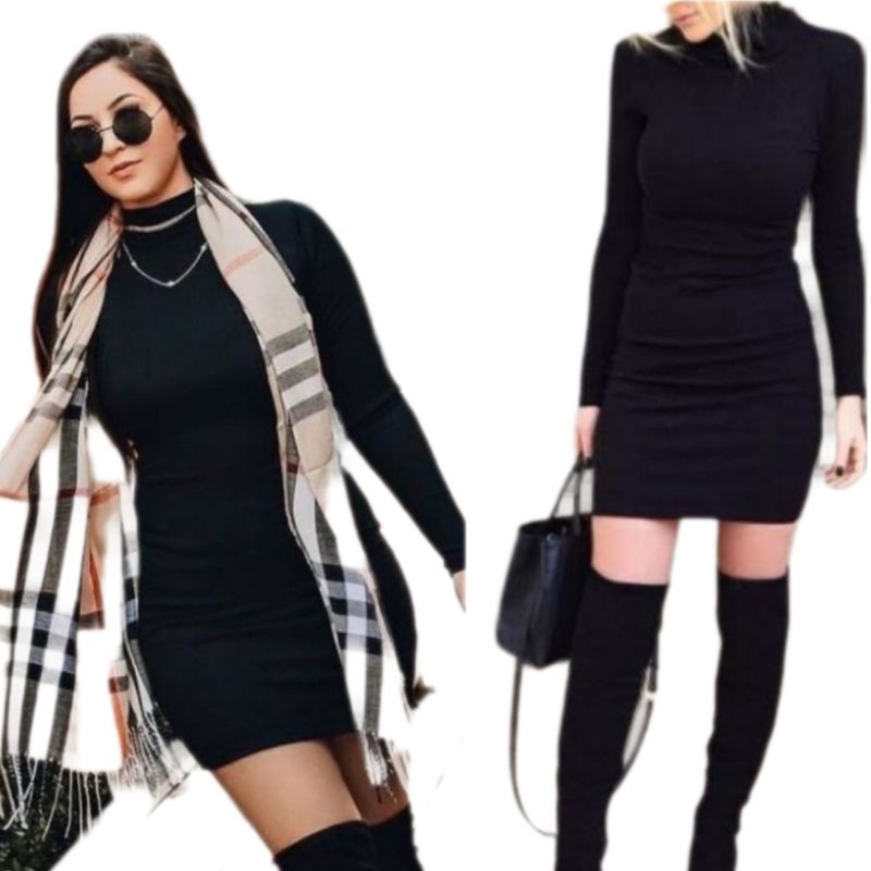 Vestido gola alta de manga longa Canelado inverno veste legging tubinho