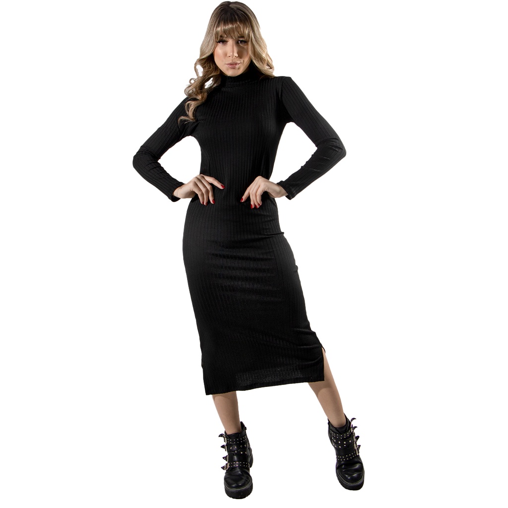 Vestido Manga Longa Canelado Midi com Fenda
