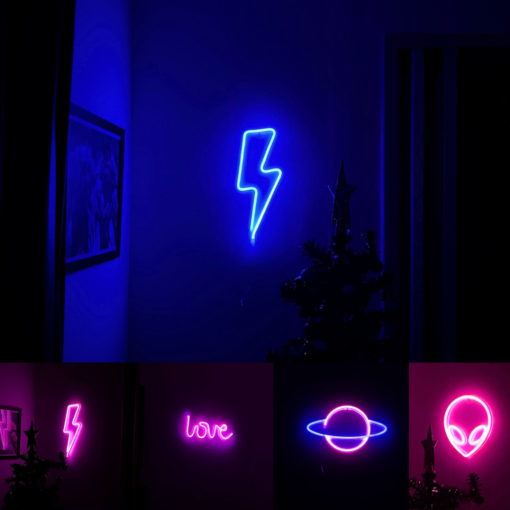 Luminária Placa Led Neon - Letreiro de Luz Parede USB Pilha Love Saturno ET Alien Raio Lightning