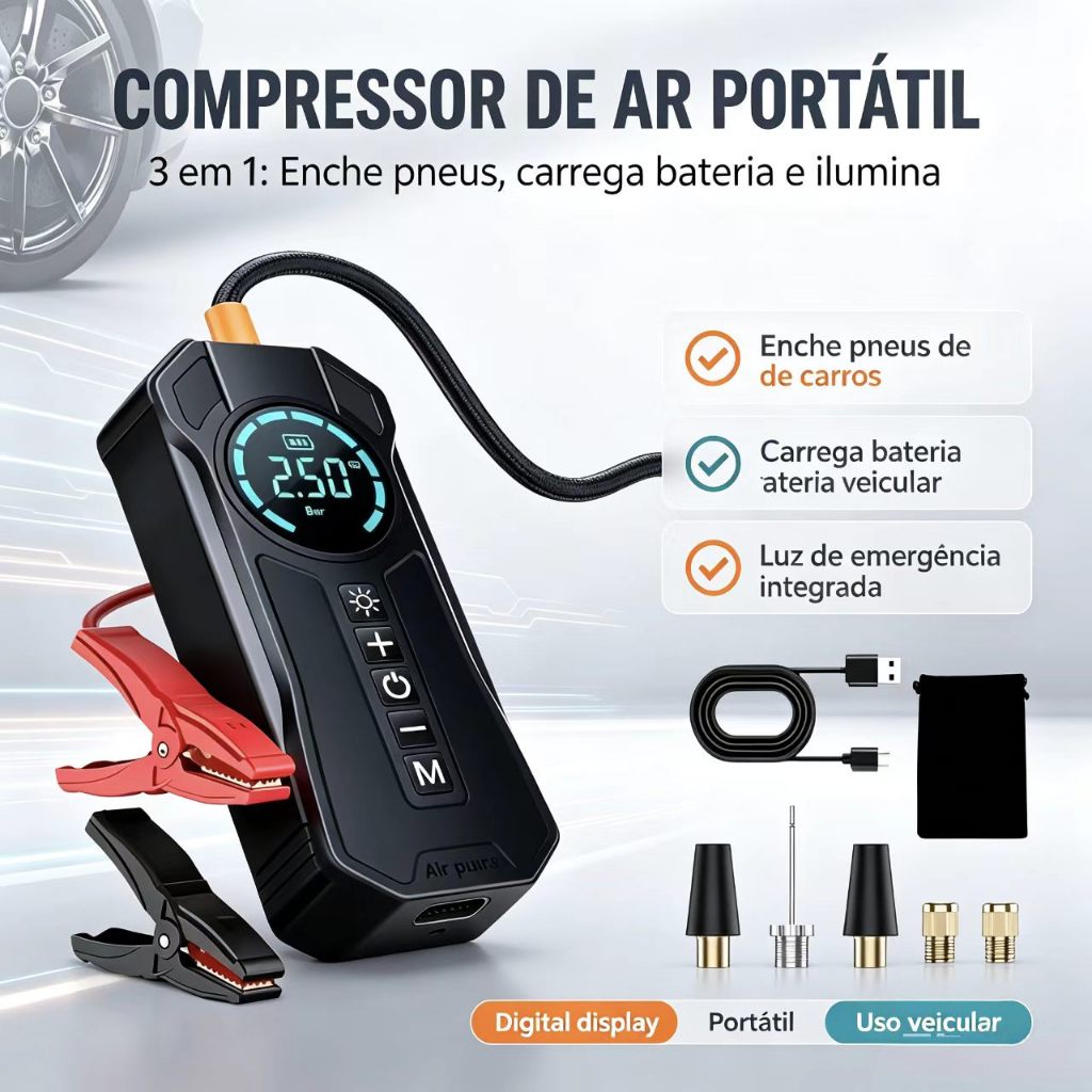 Compressor Ar Portátil 4 em 1 com Partida de Emergência – 8000mAh PowerBank, Calibrador Digital e LED para Carro