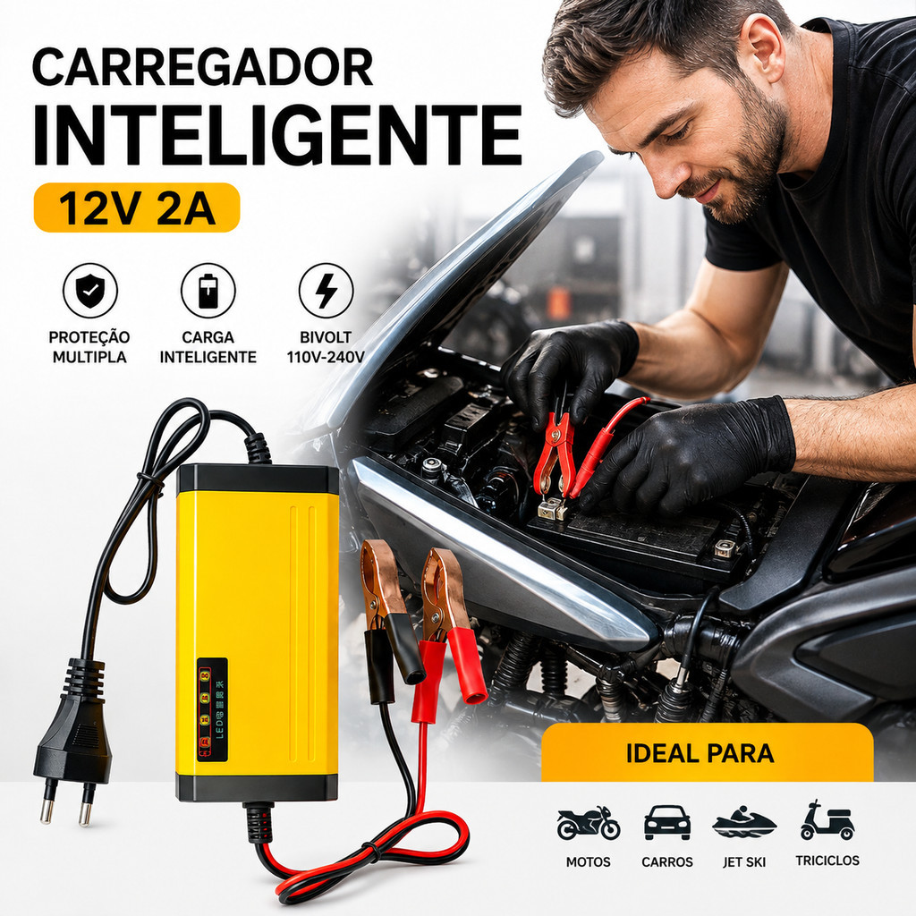 Carregador de Bateria 12V 2A Inteligente Automático Bivolt Moto Carro Jet Ski