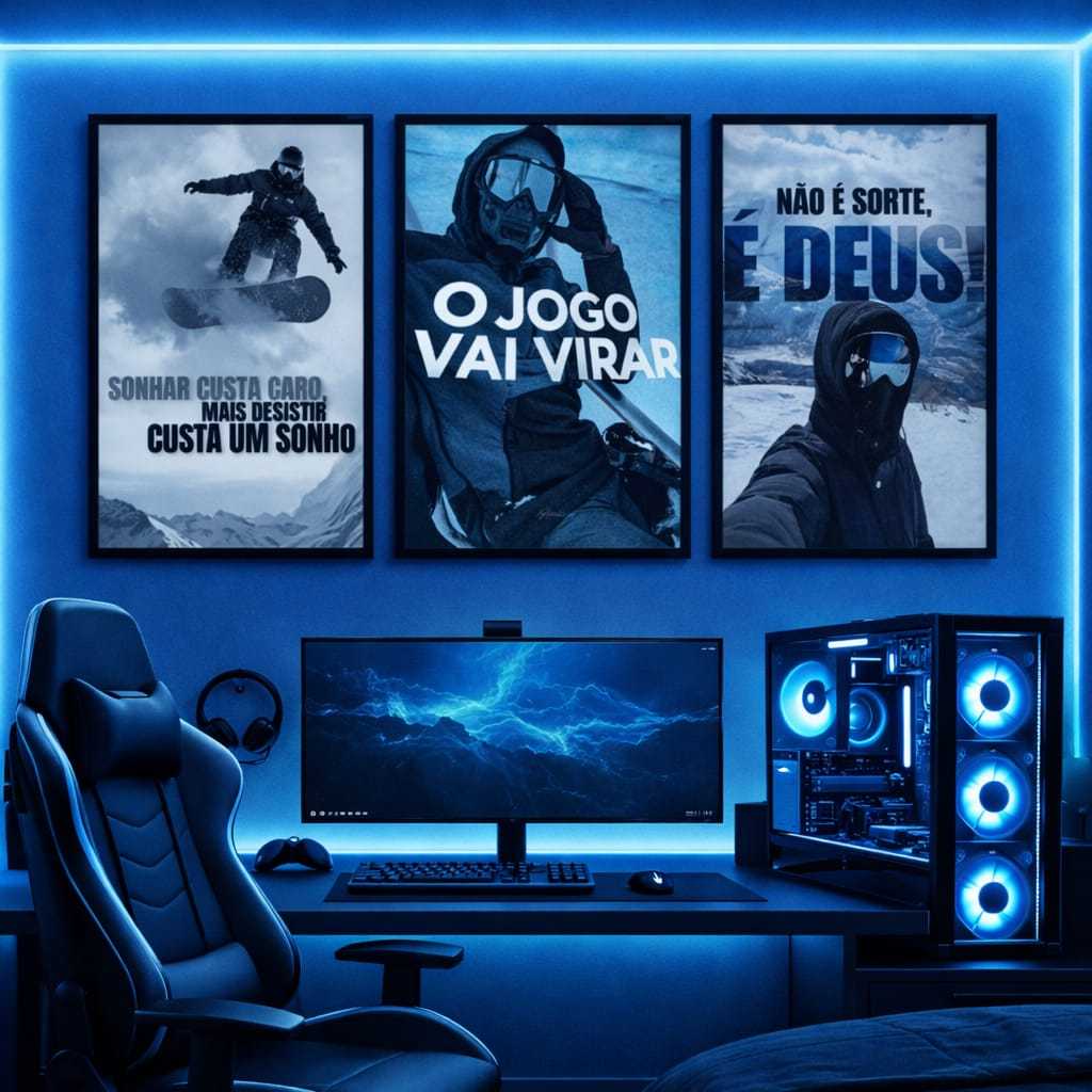 Kit 3 quadros motivacional gamer frases sucesso decoração quarto gamer parede azul