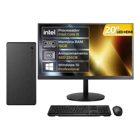 Computador Completo Intel Core i5, 16GB RAM, SSD 256GB, Monitor 20" LED, Windows 10 Pro, Bivolt, Preto - BluePC Office CDBP-OFF100