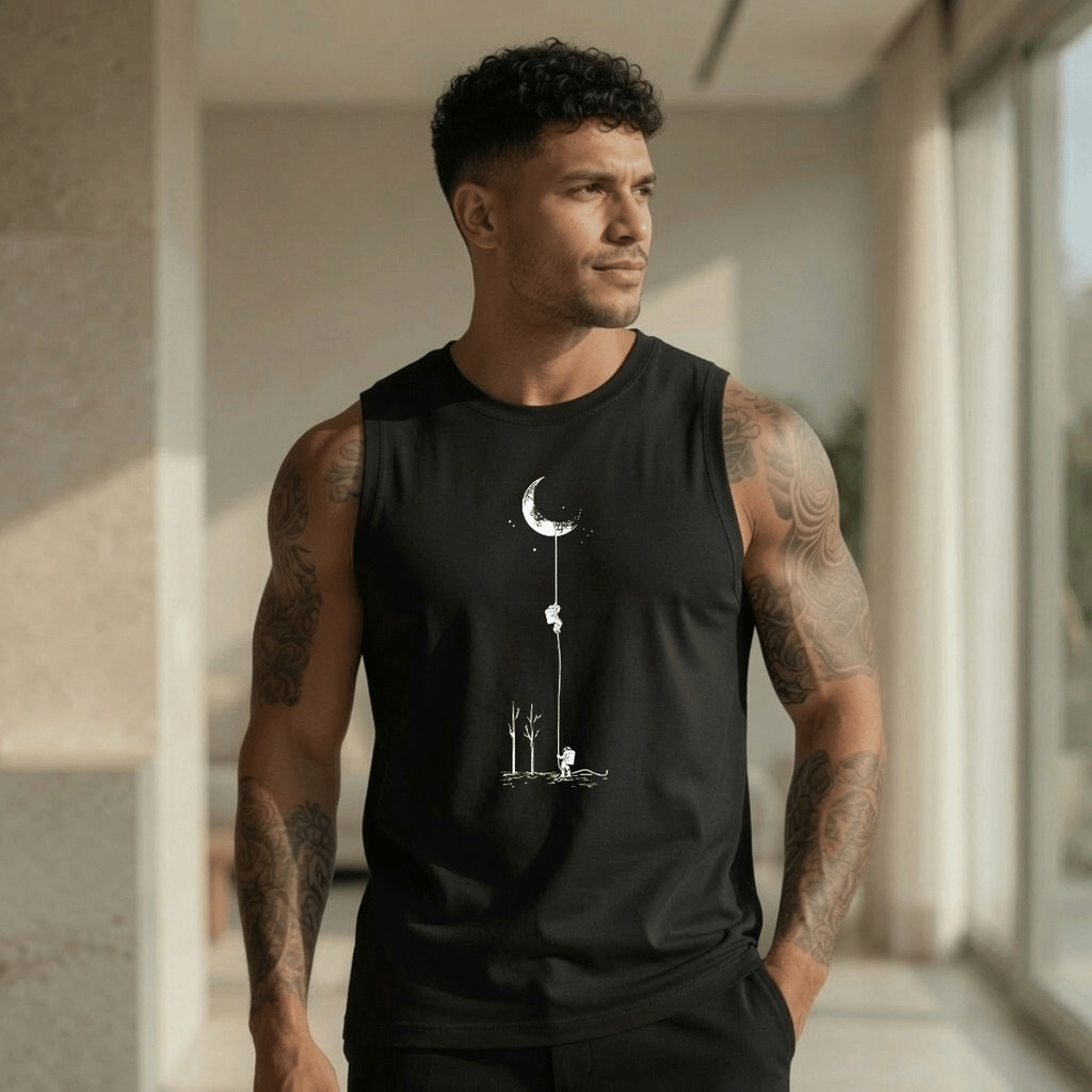 Regata Masculina Estampada Segurando A Lua 100% Algodão Academia Premium Fitness Casual Streetwear Verão Camiseta Cavada