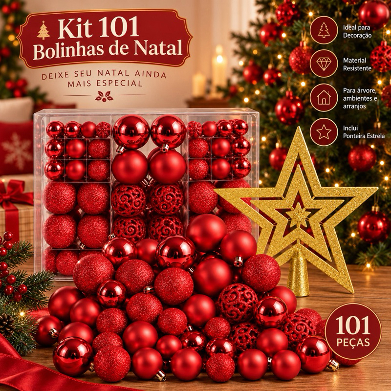 Kit 101 Bolas de Natal Decorativas para Árvore – Enfeites de Festa Clássicos e Brilhantes
