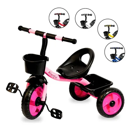 Brinquedo triciclo de 3 rodas para crianças com cesto de bolhas rosa chiclete Atentu triciclo infantil motoca