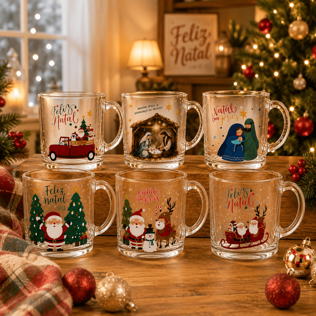 Kit Até 6 Canecas de Vidro Natal 320 ml Estampas Sortidas Festa