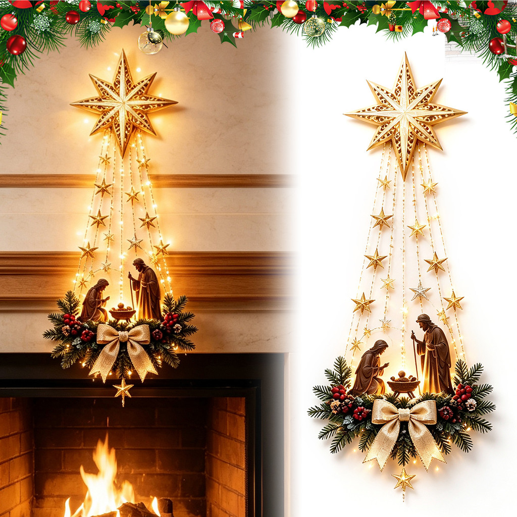 [SKI] Decoração De Parede De Presépio Iluminada , Cena De Belém Dourada 3D LED Luz Suspensa De Natal Com Brilho Quente ,