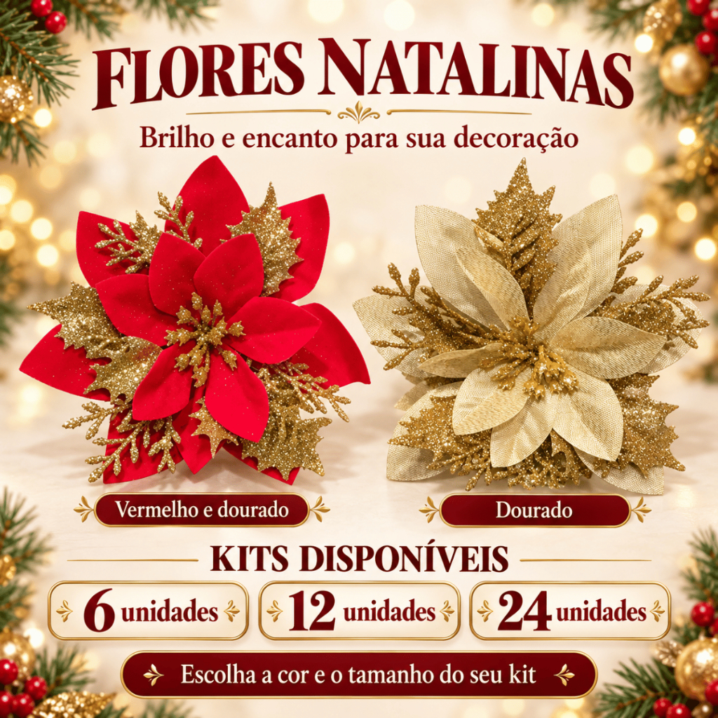 Kit 6/12/24 Flores Enfeite Arvore de Natal Decorativa Ornamento com Glitter